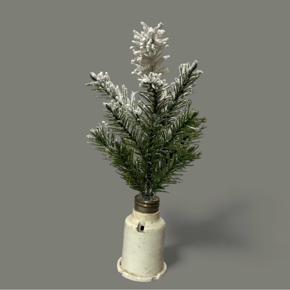 Vintage Light Bulb Socket with Miniature Christmas Tree Decoration 8 Inches